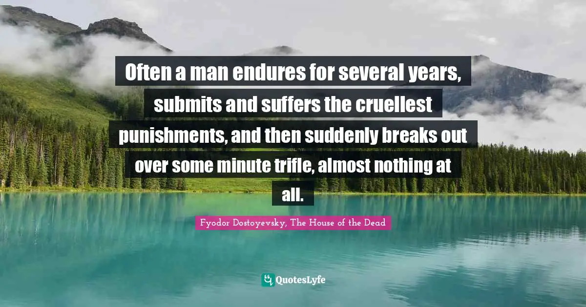 Often a man endures for several years, submits and suffers the cruellest punishments, and then suddenly breaks out over some minute trifle, almost nothing at all.