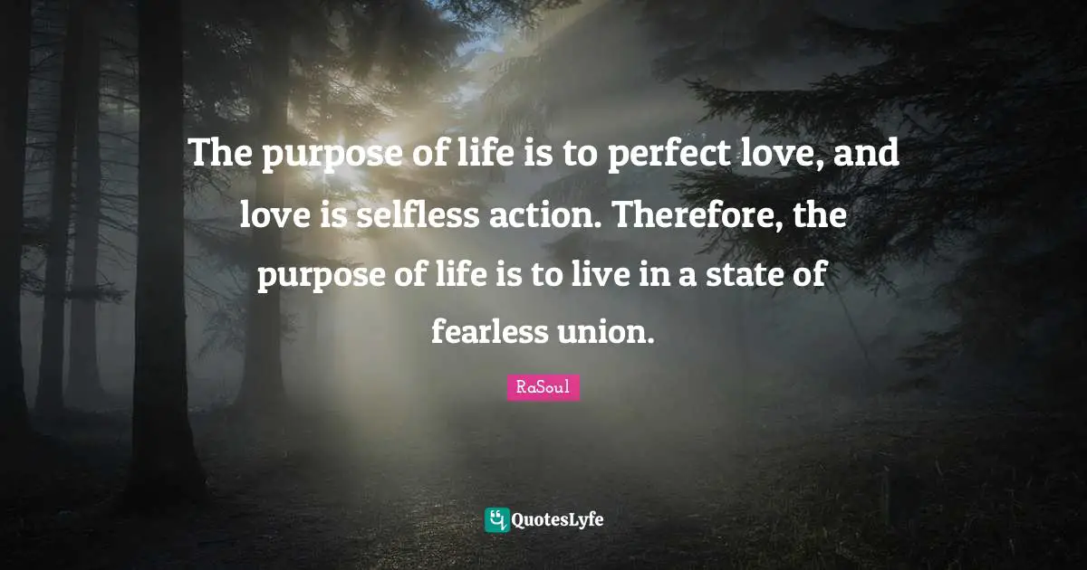 The purpose of life is to perfect love, and love is selfless action. Therefore, the purpose of life is to live in a state of fearless union.