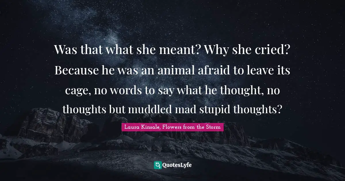 Was that what she meant? Why she cried? Because he was an animal afraid to leave its cage, no words to say what he thought, no thoughts but muddled mad stupid thoughts?