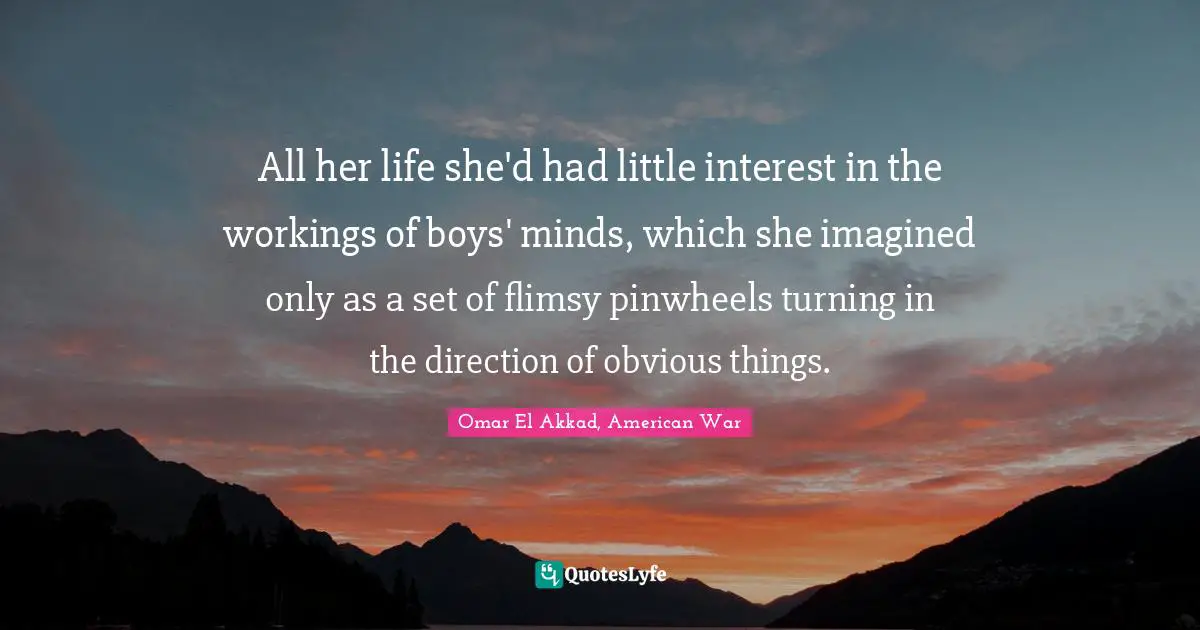 All her life she'd had little interest in the workings of boys' minds, which she imagined only as a set of flimsy pinwheels turning in the direction of obvious things.