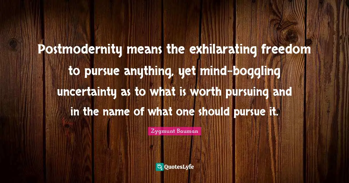 Postmodernity means the exhilarating freedom to pursue anything, yet mind-boggling uncertainty as to what is worth pursuing and in the name of what one should pursue it.