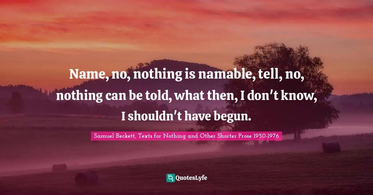 Samuel Beckett, Texts for Nothing and Other Shorter Prose 1950-1976 Quotes: Name, no, nothing is namable, tell, no, nothing can be told, what then, I don't know, I shouldn't have begun.