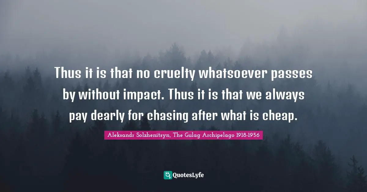 Thus it is that no cruelty whatsoever passes by without impact. Thus it is that we always pay dearly for chasing after what is cheap.