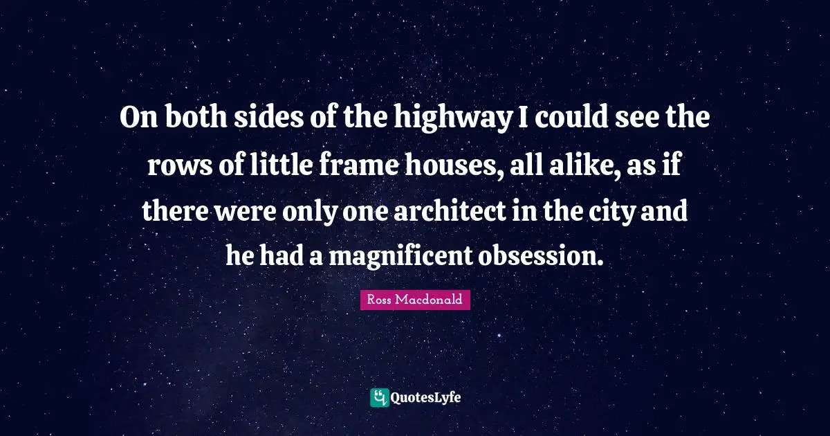 On both sides of the highway I could see the rows of little frame houses, all alike, as if there were only one architect in the city and he had a magnificent obsession.