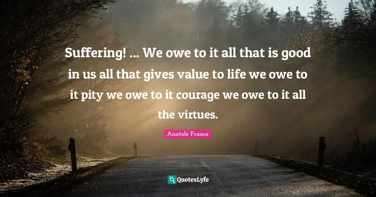 Suffering! ... We owe to it all that is good in us all that gives value to life we owe to it pity we owe to it courage we owe to it all the virtues.