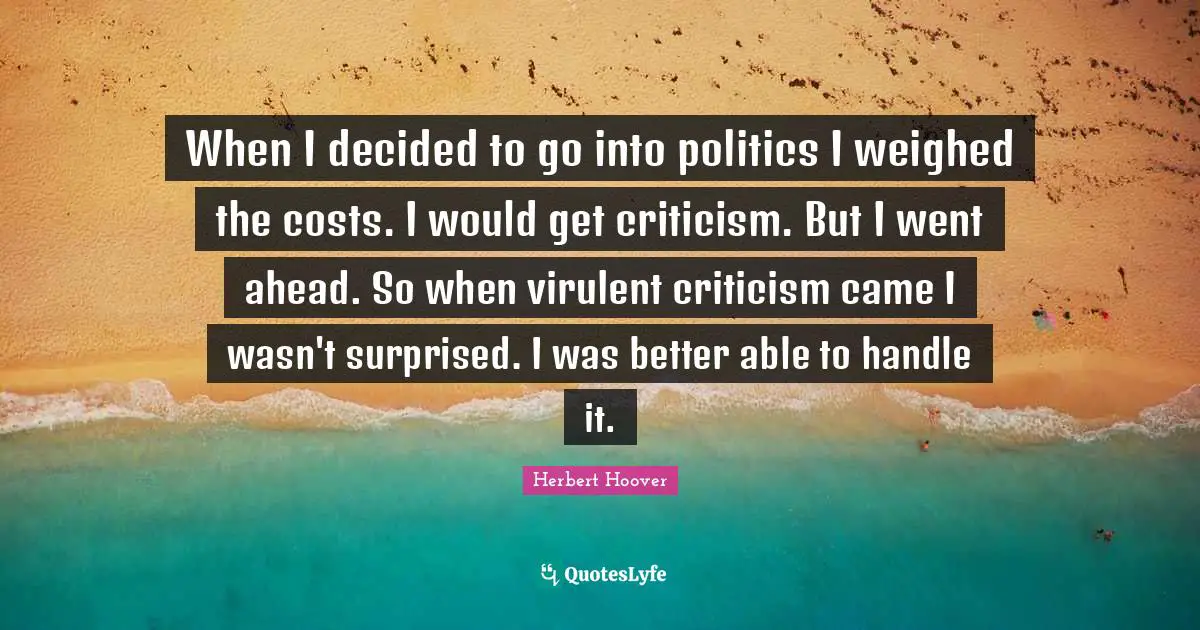 When I decided to go into politics I weighed the costs. I would get criticism. But I went ahead. So when virulent criticism came I wasn't surprised. I was better able to handle it.