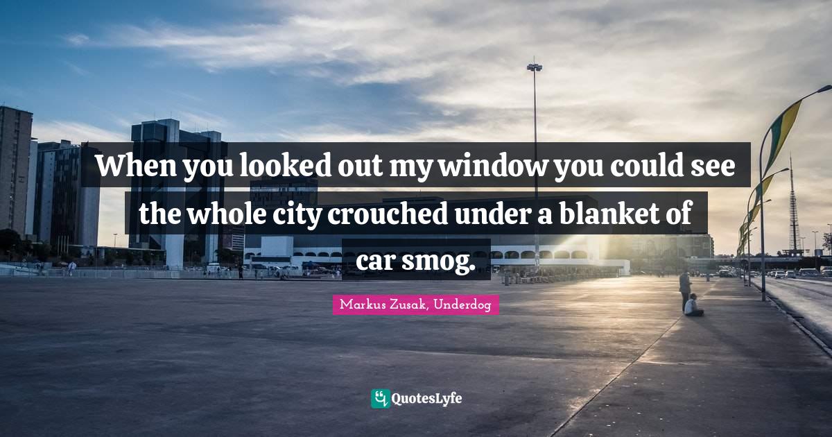 Markus Zusak, Underdog Quotes: "When you looked out my window you could see the whole city crouched under a blanket of car smog."