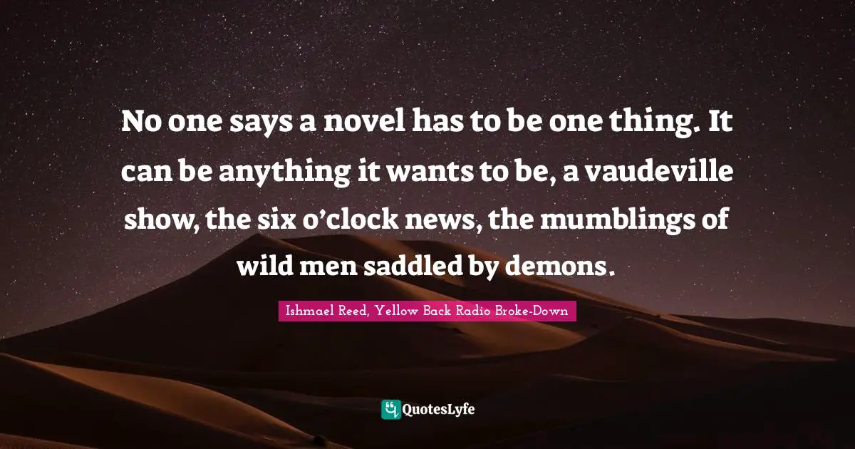 No one says a novel has to be one thing. It can be anything it wants to be, a vaudeville show, the six o’clock news, the mumblings of wild men saddled by demons.