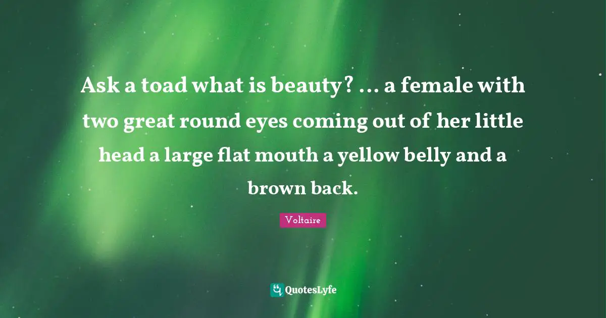 Ask a toad what is beauty? ... a female with two great round eyes coming out of her little head a large flat mouth a yellow belly and a brown back.