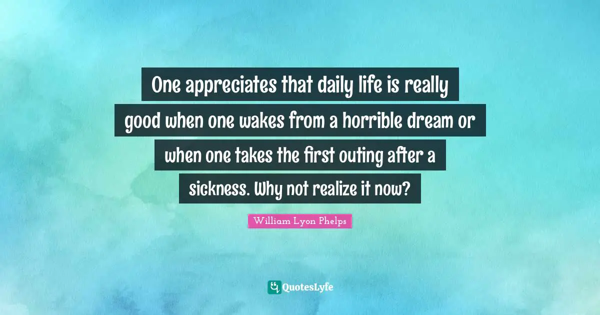 One appreciates that daily life is really good when one wakes from a horrible dream or when one takes the first outing after a sickness. Why not realize it now?
