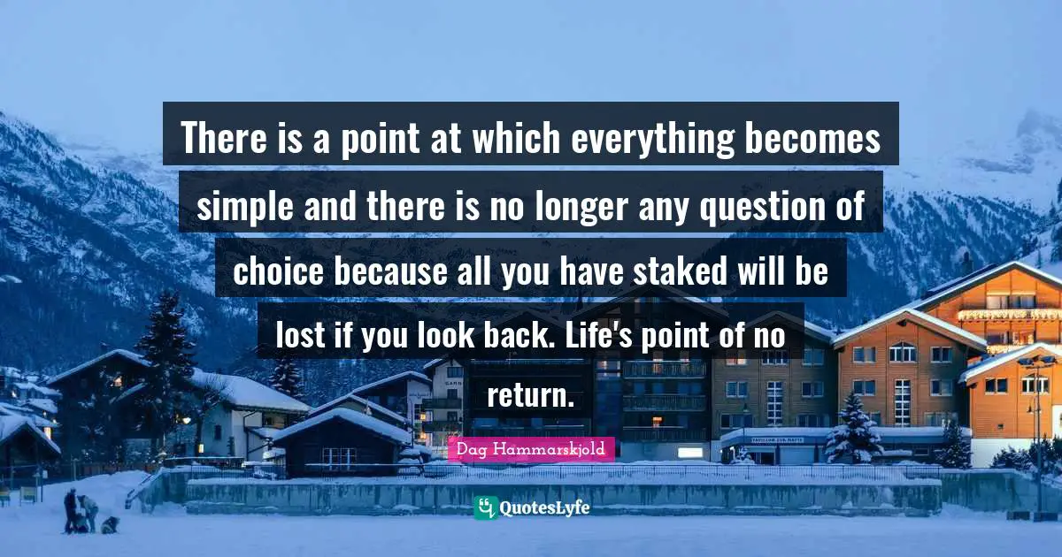 There is a point at which everything becomes simple and there is no longer any question of choice because all you have staked will be lost if you look back. Life's point of no return.