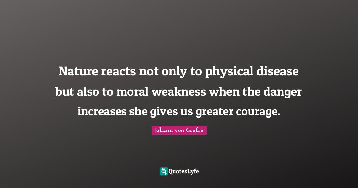 Johann von Goethe Quotes: Nature reacts not only to physical disease but also to moral weakness when the danger increases she gives us greater courage.
