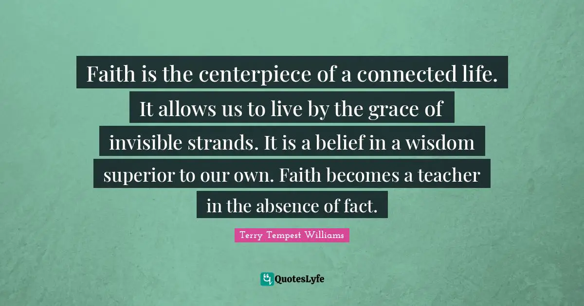 Faith is the centerpiece of a connected life. It allows us to live by the grace of invisible strands. It is a belief in a wisdom superior to our own. Faith becomes a teacher in the absence of fact.