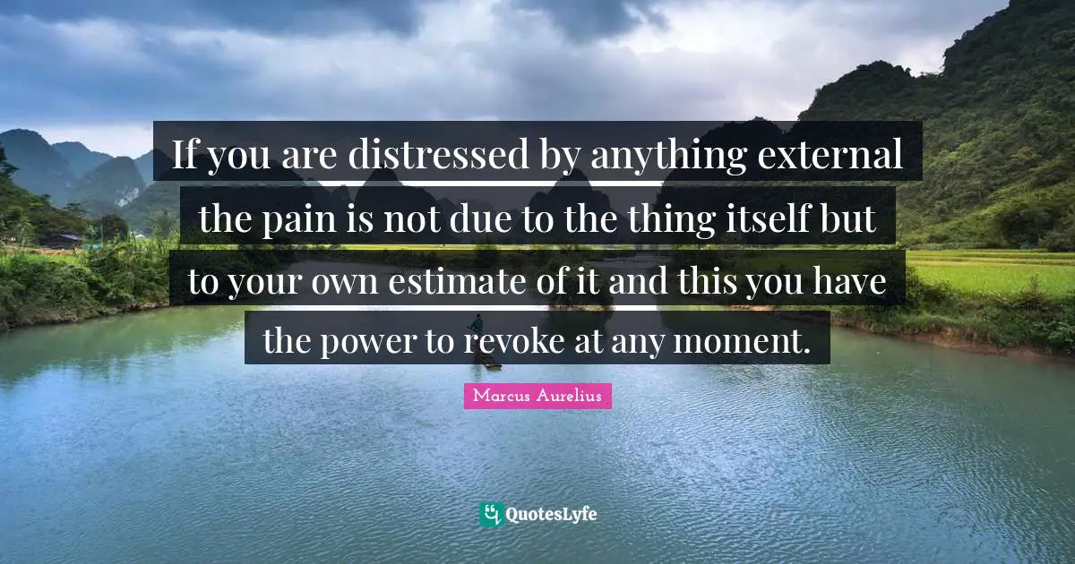 If you are distressed by anything external the pain is not due to the thing itself but to your own estimate of it and this you have the power to revoke at any moment.