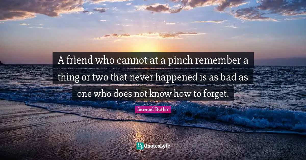 Samuel Butler Quotes: "A friend who cannot at a pinch remember a thing or two that never happened is as bad as one who does not know how to forget."