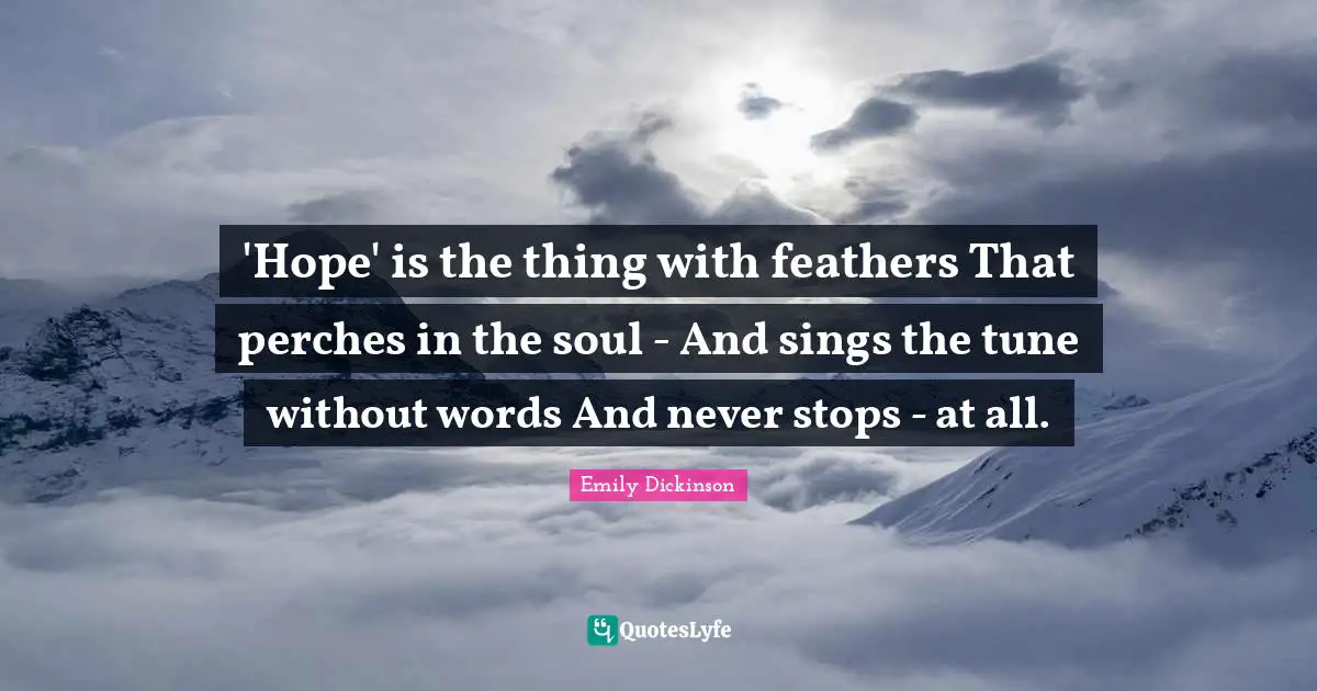 'Hope' is the thing with feathers That perches in the soul - And sings the tune without words And never stops - at all.