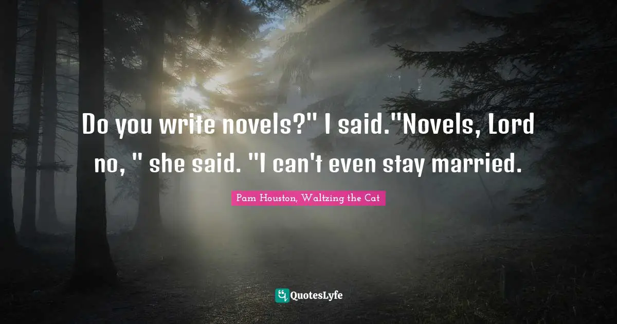 Do you write novels?" I said."Novels, Lord no, " she said. "I can't even stay married.
