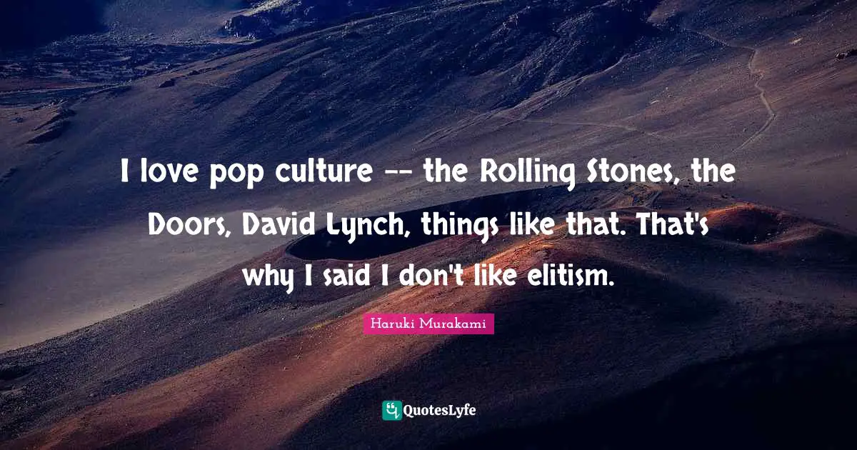 I love pop culture -- the Rolling Stones, the Doors, David Lynch, things like that. That's why I said I don't like elitism.