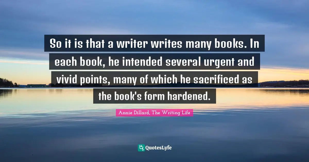 So it is that a writer writes many books. In each book, he intended several urgent and vivid points, many of which he sacrificed as the book's form hardened.