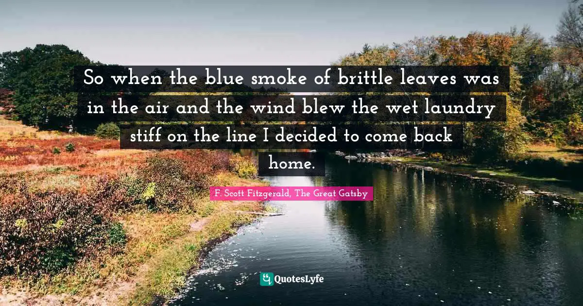 F. Scott Fitzgerald, The Great Gatsby Quotes: So when the blue smoke of brittle leaves was in the air and the wind blew the wet laundry stiff on the line I decided to come back home.