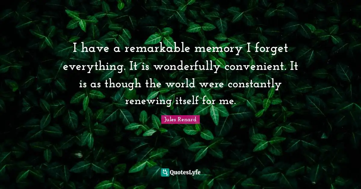 I have a remarkable memory I forget everything. It is wonderfully convenient. It is as though the world were constantly renewing itself for me.