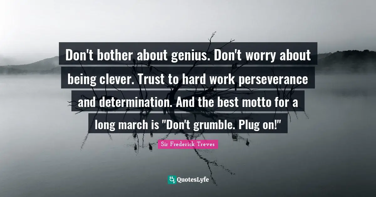 Don't bother about genius. Don't worry about being clever. Trust to hard work perseverance and determination. And the best motto for a long march is "Don't grumble. Plug on!"