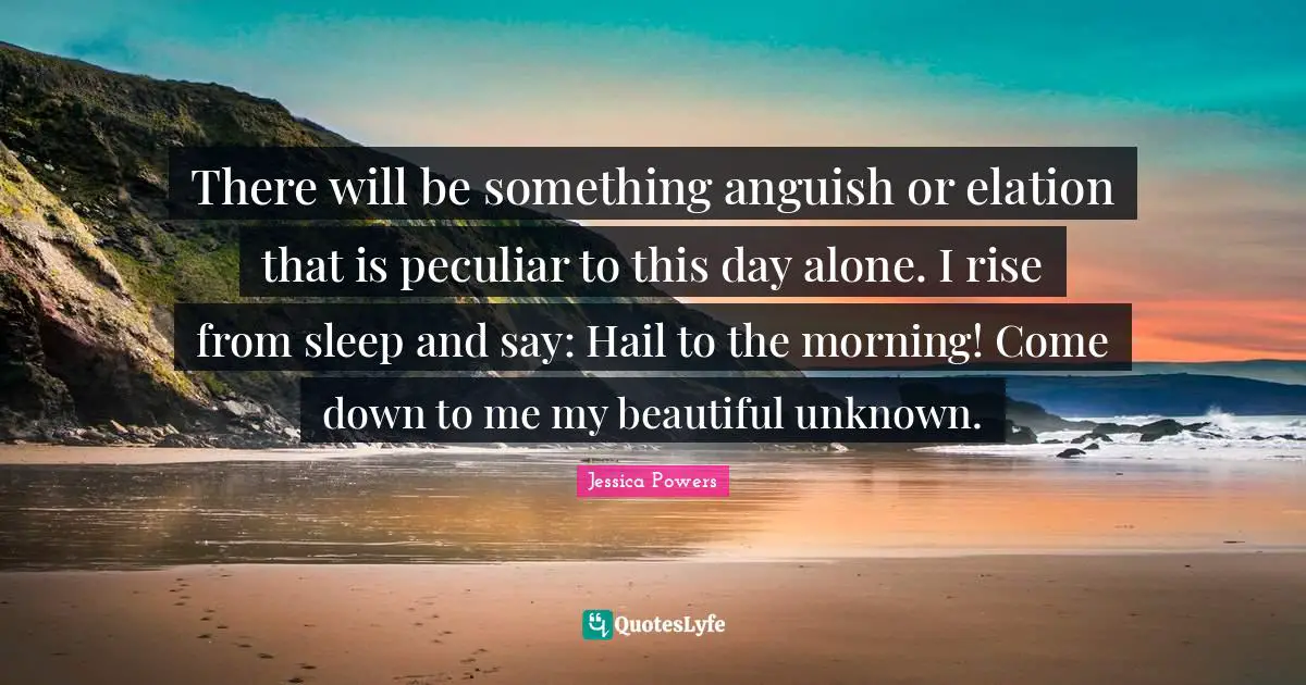 There will be something anguish or elation that is peculiar to this day alone. I rise from sleep and say: Hail to the morning! Come down to me my beautiful unknown.