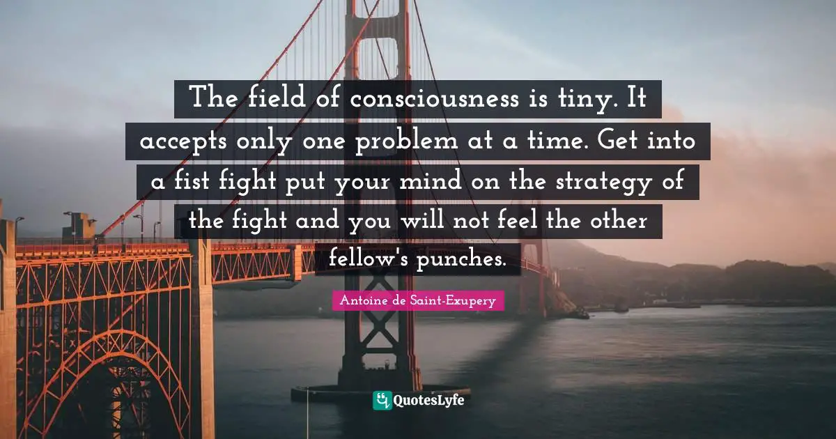 Antoine de Saint-Exupery Quotes: The field of consciousness is tiny. It accepts only one problem at a time. Get into a fist fight put your mind on the strategy of the fight and you will not feel the other fellow's punches.