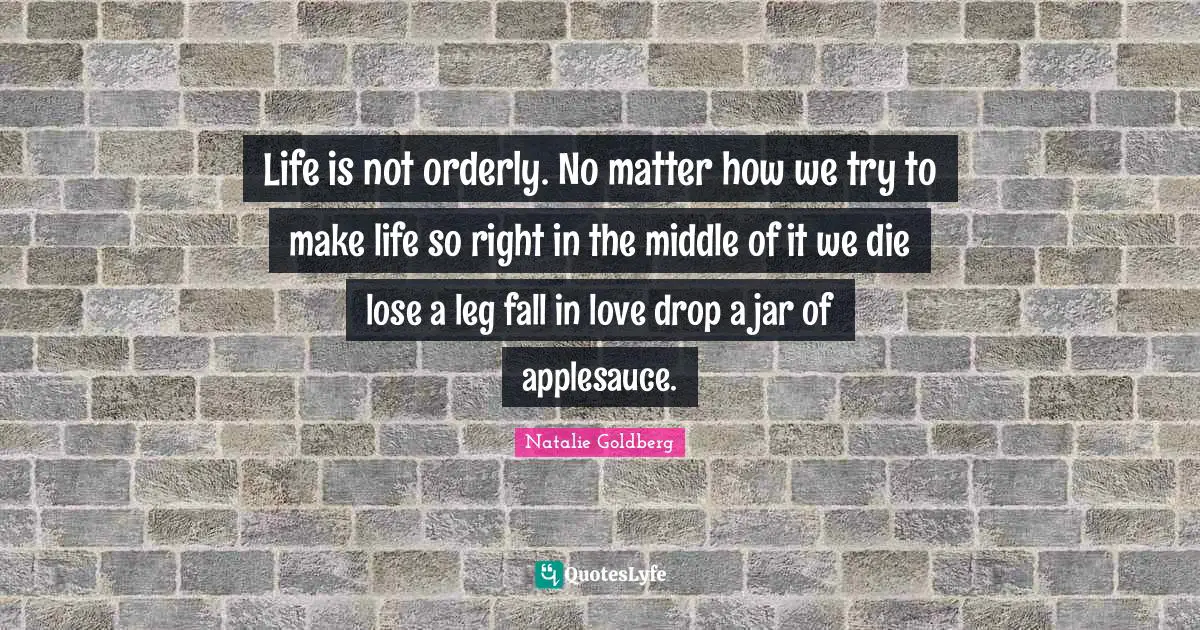 Life is not orderly. No matter how we try to make life so right in the middle of it we die lose a leg fall in love drop a jar of applesauce.