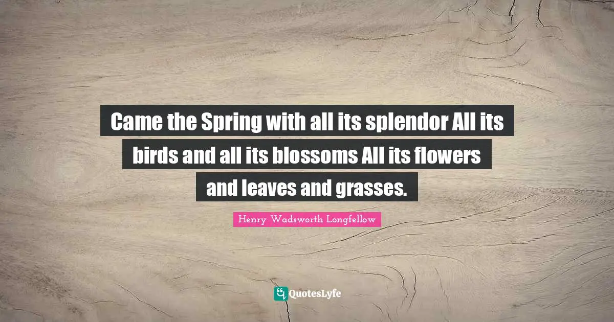 Came the Spring with all its splendor All its birds and all its blossoms All its flowers and leaves and grasses.