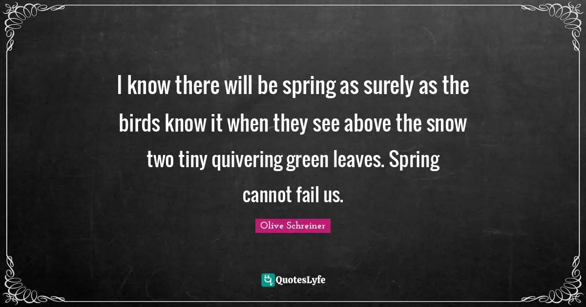 I know there will be spring as surely as the birds know it when they see above the snow two tiny quivering green leaves. Spring cannot fail us.