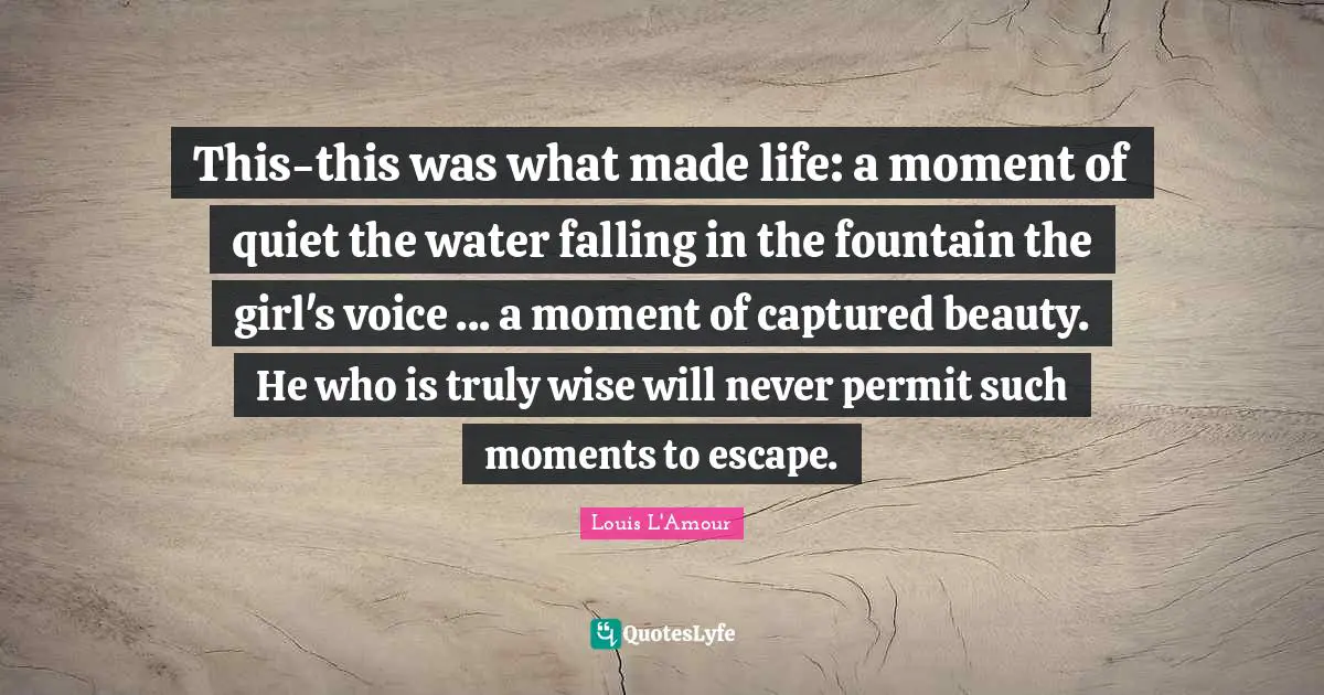 This-this was what made life: a moment of quiet the water falling in the fountain the girl's voice ... a moment of captured beauty. He who is truly wise will never permit such moments to escape.