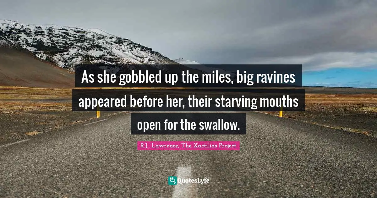 As she gobbled up the miles, big ravines appeared before her, their starving mouths open for the swallow.