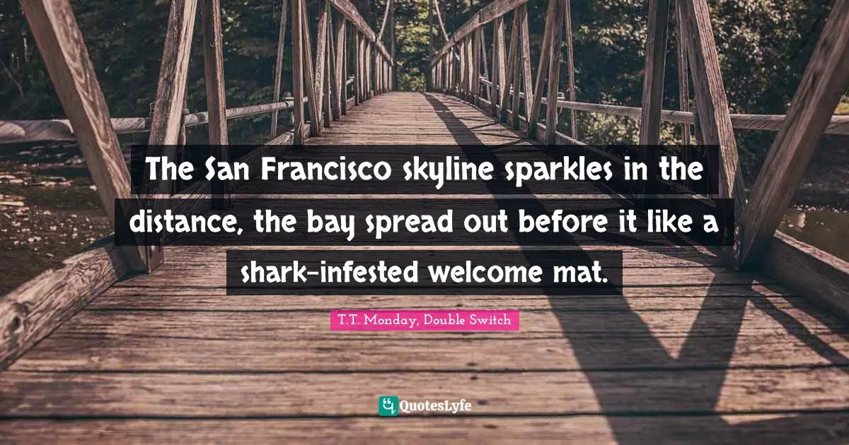 The San Francisco skyline sparkles in the distance, the bay spread out before it like a shark-infested welcome mat.