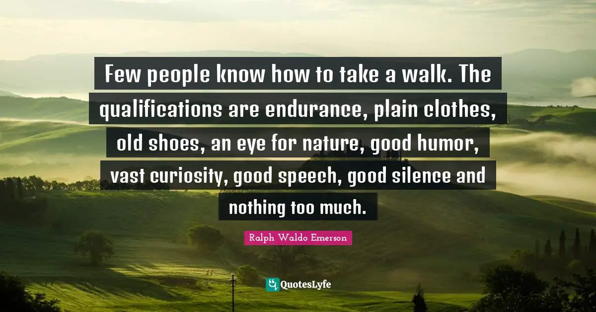 Few people know how to take a walk. The qualifications are endurance, plain clothes, old shoes, an eye for nature, good humor, vast curiosity, good speech, good silence and nothing too much.