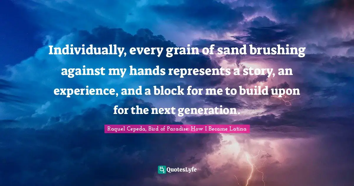 Raquel Cepeda, Bird of Paradise: How I Became Latina Quotes: Individually, every grain of sand brushing against my hands represents a story, an experience, and a block for me to build upon for the next generation.