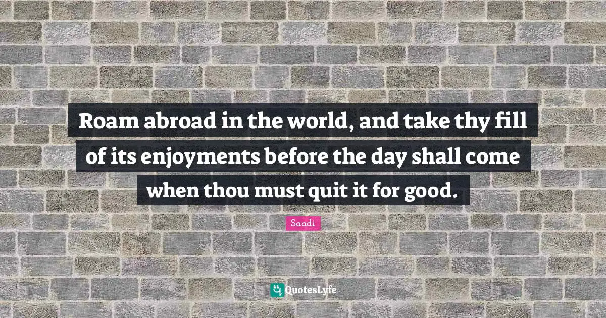 Roam abroad in the world, and take thy fill of its enjoyments before the day shall come when thou must quit it for good.