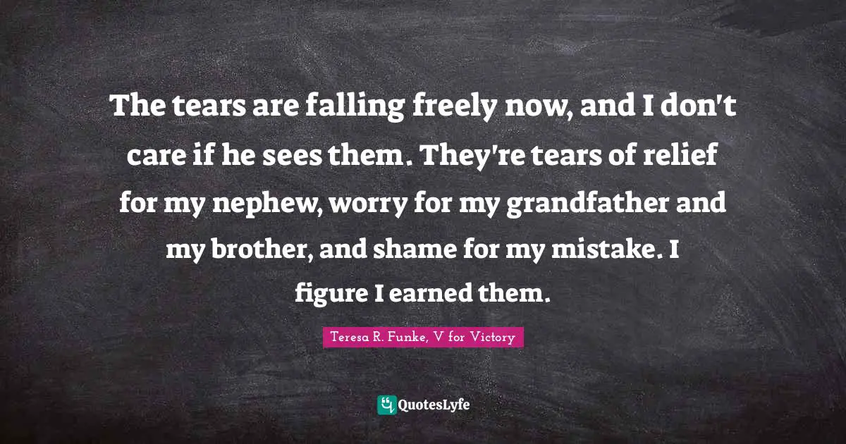 The tears are falling freely now, and I don't care if he sees them. They're tears of relief for my nephew, worry for my grandfather and my brother, and shame for my mistake. I figure I earned them.