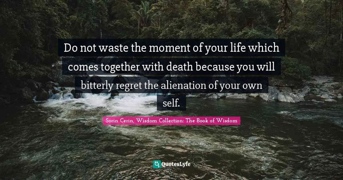 Sorin Cerin, Wisdom Collection: The Book Of Wisdom Quotes: "Do not waste the moment of your life which comes together with death because you will bitterly regret the alienation of your own self."