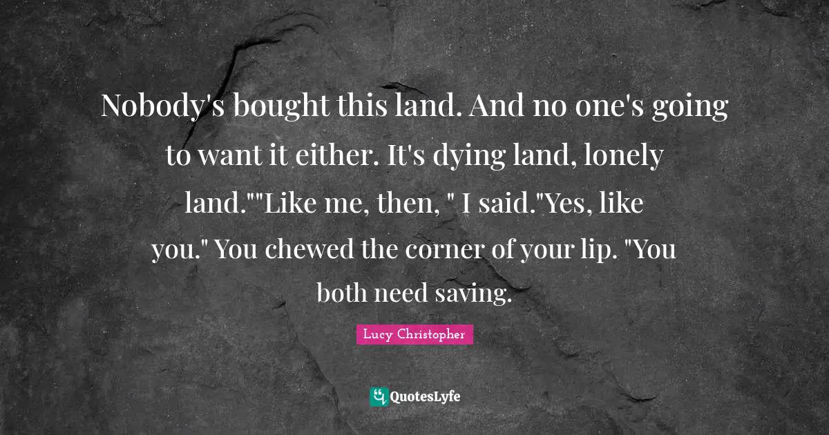 Nobody's bought this land. And no one's going to want it either. It's dying land, lonely land.""Like me, then, " I said."Yes, like you." You chewed the corner of your lip. "You both need saving.
