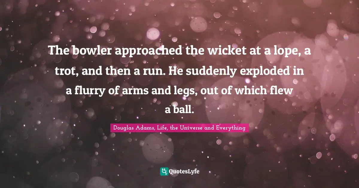 The bowler approached the wicket at a lope, a trot, and then a run. He suddenly exploded in a flurry of arms and legs, out of which flew a ball.