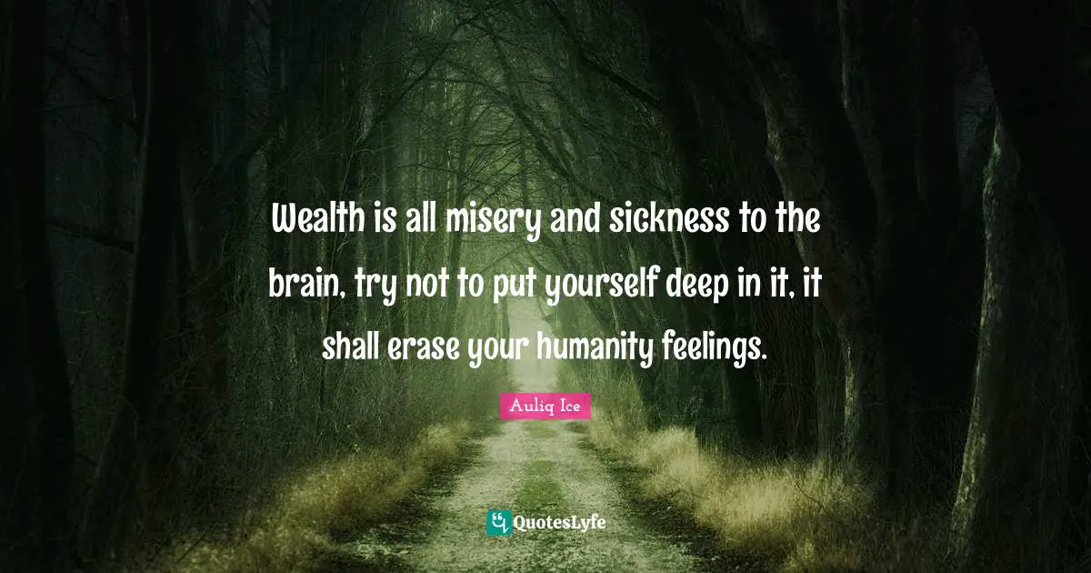 Wealth is all misery and sickness to the brain, try not to put yourself deep in it, it shall erase your humanity feelings.