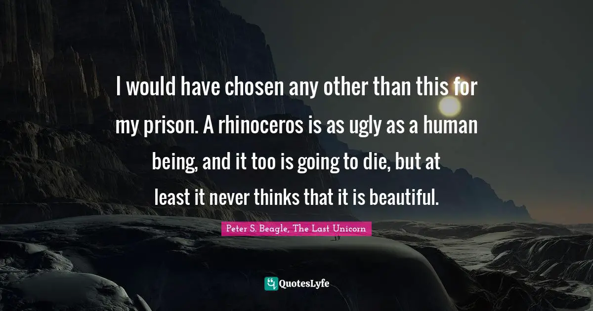 I would have chosen any other than this for my prison. A rhinoceros is as ugly as a human being, and it too is going to die, but at least it never thinks that it is beautiful.