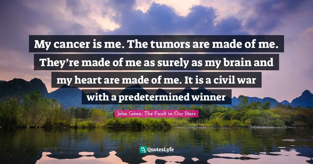 My cancer is me. The tumors are made of me. They’re made of me as surely as my brain and my heart are made of me. It is a civil war with a predetermined winner