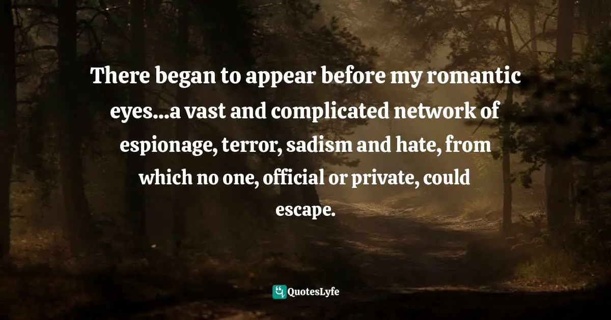 There began to appear before my romantic eyes...a vast and complicated network of espionage, terror, sadism and hate, from which no one, official or private, could escape.