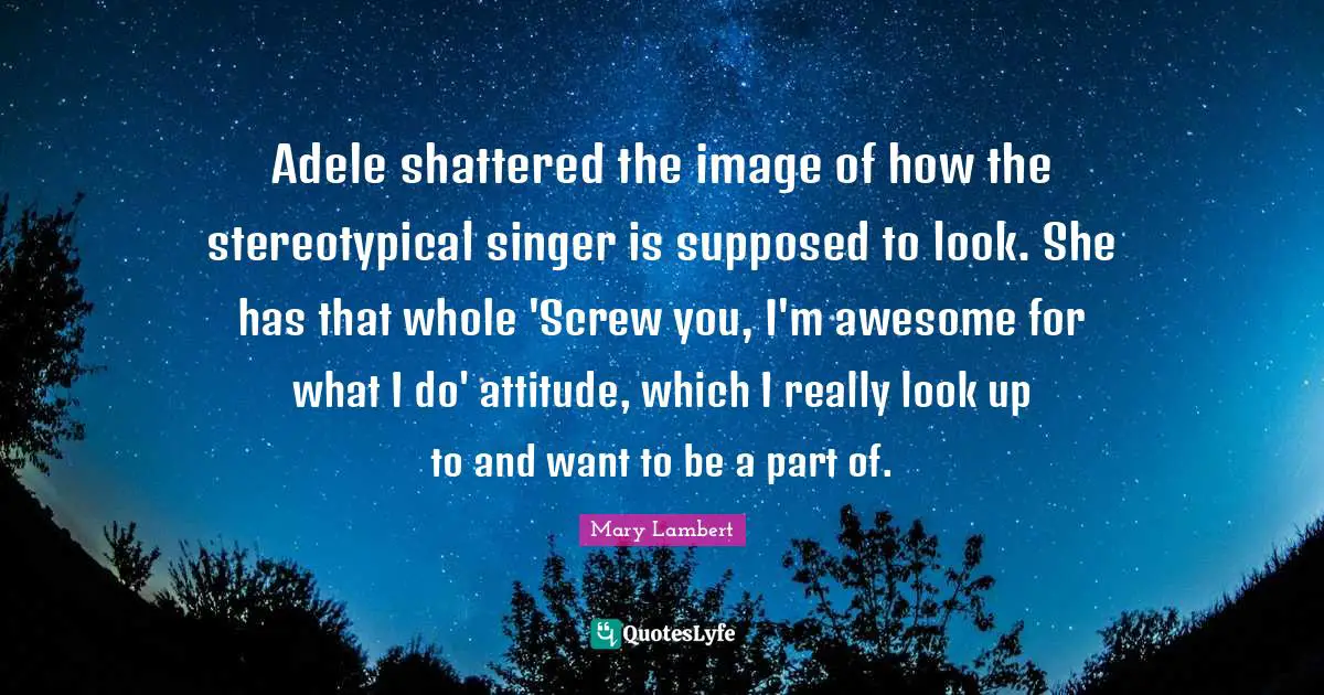 Adele shattered the image of how the stereotypical singer is supposed to look. She has that whole 'Screw you, I'm awesome for what I do' attitude, which I really look up to and want to be a part of.