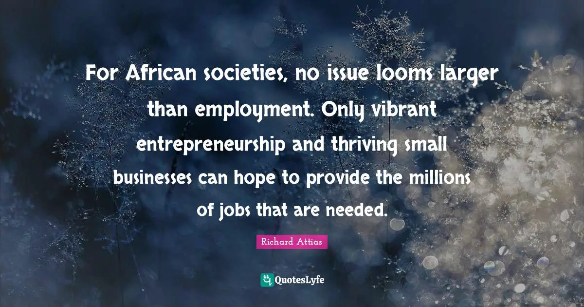 For African societies, no issue looms larger than employment. Only vibrant entrepreneurship and thriving small businesses can hope to provide the millions of jobs that are needed.
