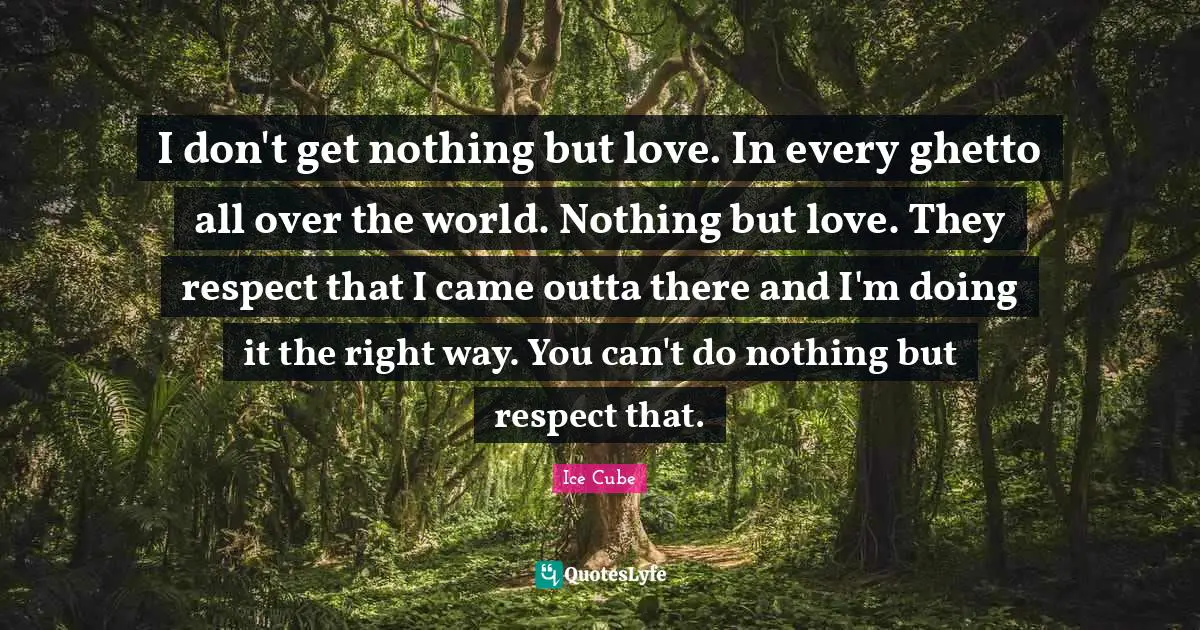 Ice Cube Quotes: "I don't get nothing but love. In every ghetto all over the world. Nothing but love. They respect that I came outta there and I'm doing it the right way. You can't do nothing but respect that."