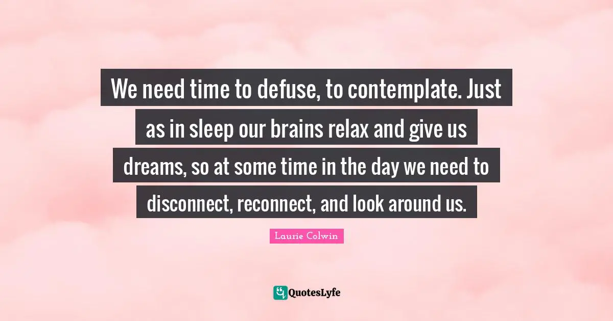 We need time to defuse, to contemplate. Just as in sleep our brains relax and give us dreams, so at some time in the day we need to disconnect, reconnect, and look around us.