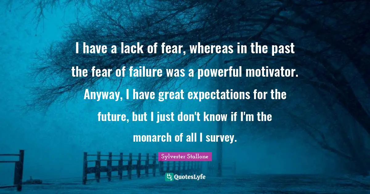 I have a lack of fear, whereas in the past the fear of failure was a powerful motivator. Anyway, I have great expectations for the future, but I just don't know if I'm the monarch of all I survey.